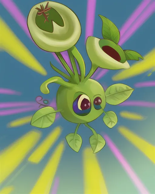 A peashooter from plants vs zombies falling through the sky with a blurred background of distorted and colourful lines and strokes.