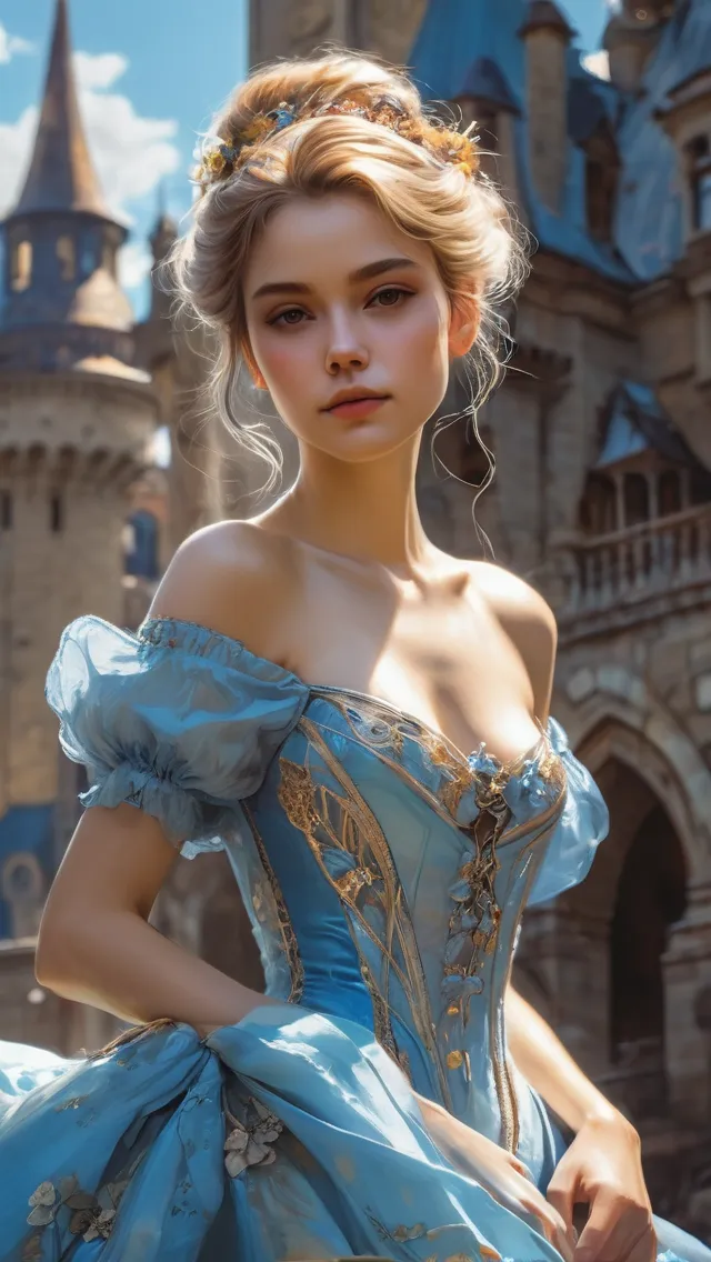  {Hyper Detailed Gorgeous Cinderella wearing a long light blue dress} ((( playmate figure, Carne Griffiths, Michael Garmash, Frank Frazetta, Castle Background, Jean Baptiste Monge, Victo Ngai, Detailed, Vibrant, Sharp Focus, Character Design, Wlop, Artgerm, Kuvshinov, Character Design, Unreal Engine , Pixar, Shiny Aura, TXAA, 32k, Fanbox, Highly Detailed, Dynamic Pose, Intricate Motifs, Organic Tracery, Perfect Composition, Warm Dreamy Tones, Digital Painting, Artstation, Smooth, Sharp Focus, Illustration, Award Winning Style And Composition )))