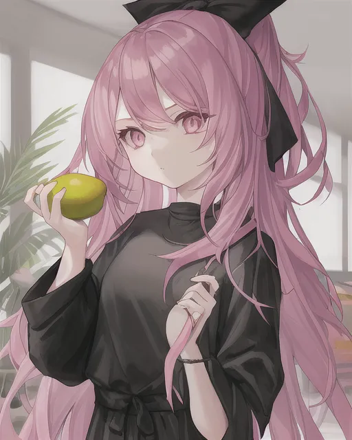 A girl wearing a black shirt, have pink long hair,have a mango in her hand