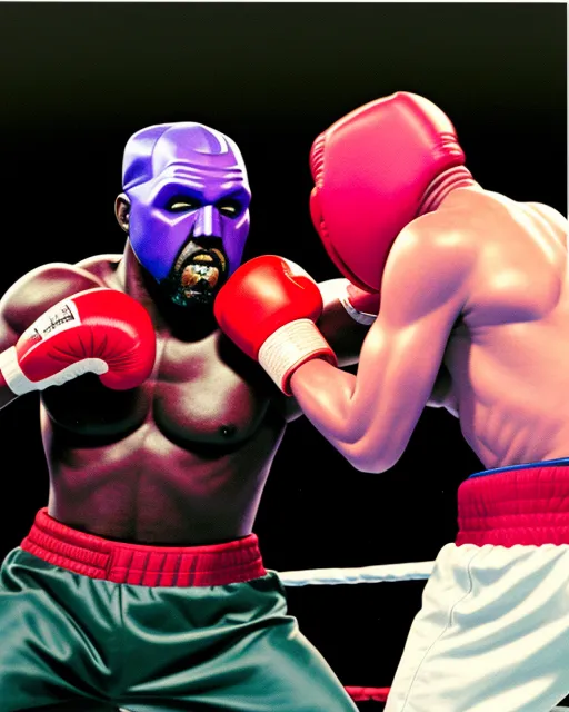 Kanye West fighting against MF DOOM in boxing, hyperrealism