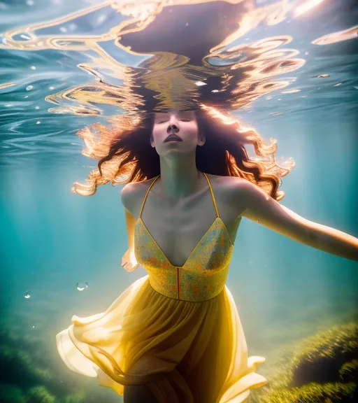 (Mid-action shot), ((highly dynamic!)), movie still of a runaway woman swimming submerged  in a serene lake (water splashing), her floral dress floats organically in the water, ((the camera is half underwater and half above water)),((expressive face)), slow motion, long hair with bangs, lots of movement, lens distortion from the water, water droplets on the lens, candid photo, (A24 Studios style), strong contrast between light and shadow, fluid movement, dreamy, running away into another world, happy expression, beautiful woman 26, stunning face