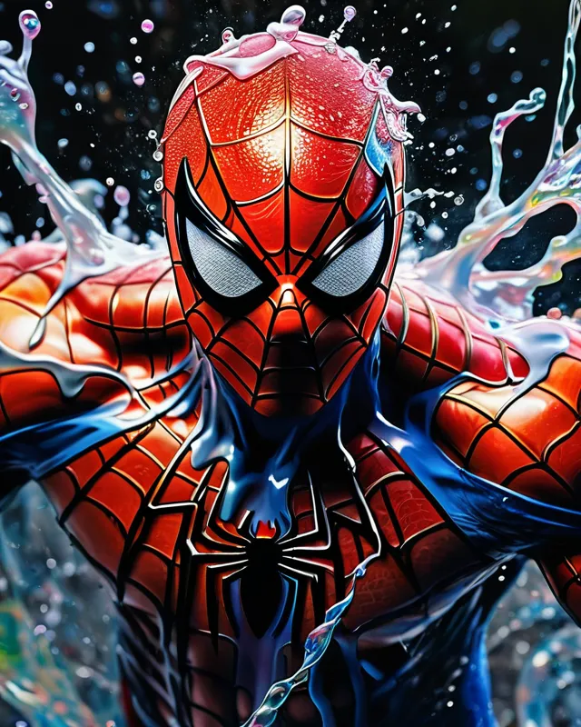 a liquid portrait of spiderman made of summer colours, muscles and movement, charging, splash style of colourful paint, hyperdetailed intricately detailed, fantastical, intricate detail, splash screen, complementary colours, liquid, gooey, slime, splashy, fantasy, concept art, 8k resolution, masterpiece, melting, complex background, dark art, digital art, intricate, oil on canvas, masterpiece, expert, insanely detailed, 4k resolution, fairy tale illustration, dramatic