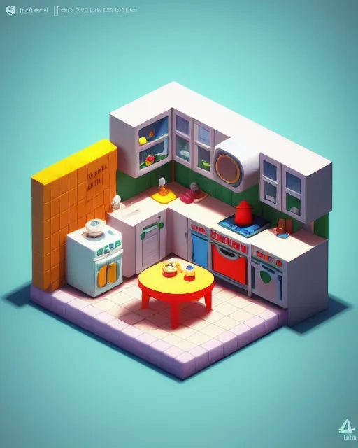 Cute 3d isometric kitchen, cartoon style, gaming style, complex, detailed, 3dsmax, trending on artstation, rendered in blender, cinema4d, studio lighting