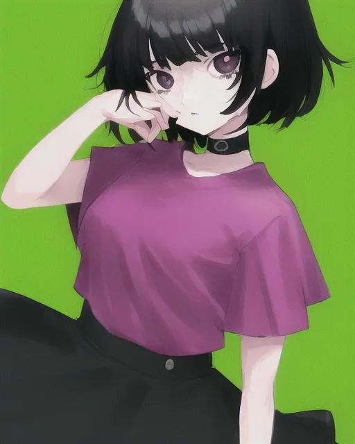girl with black eyes black hair pink tips of hair blue shirt green skirt yellow background.
