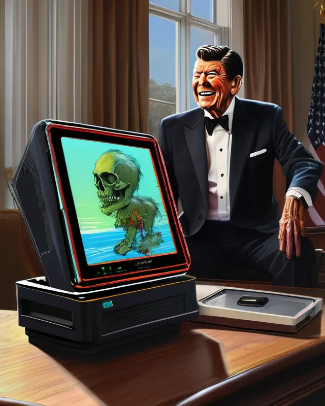 Ronald Reagan playing with a Vectrex Undead zombie kiwi, fantasy art, hyper detailed, hyperrealism, trending on artstation