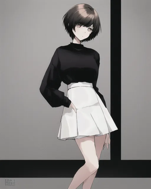 a girl with short hair whose colour is black her tall is medium she wears a white skirt and brown short pants, and her eyes are brown.