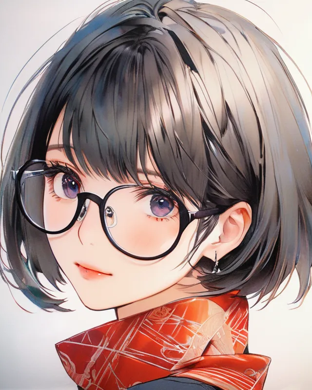 Lexica - Anime screenshot girl with brown short hair and round glasses stay  in a desk with a computer, cyberpunk room landscape on the background, de...