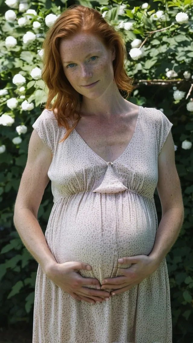 Pregnant pretty ginger woman of 33 years old, friendly face, freckles, green eyes, small breasted, firm puffy nips, large areolas, tan lines, wearing a linnen summer dress