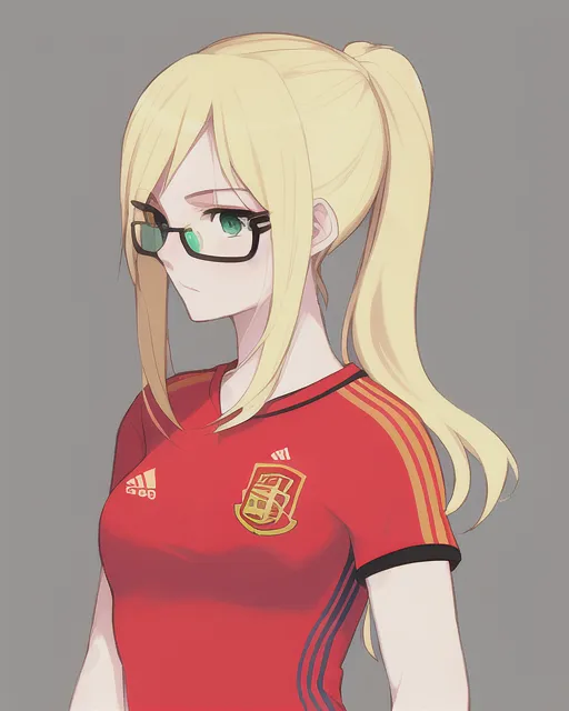 a blonde soccer player girl, with a Spain t-shirt, green eyes with glasses.