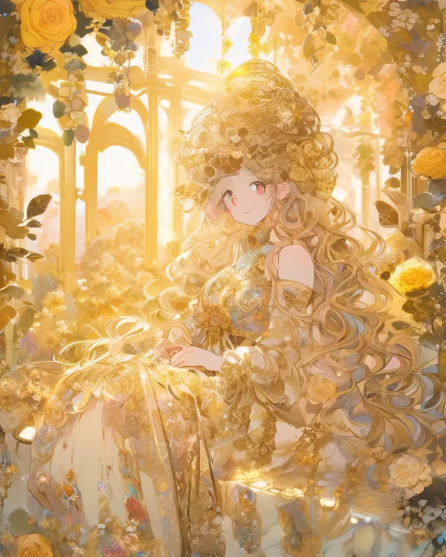 Rose garden with golden flowers and vines, beautiful, bismuth, golden hour, ethereal, whimsical, akihito yoshida