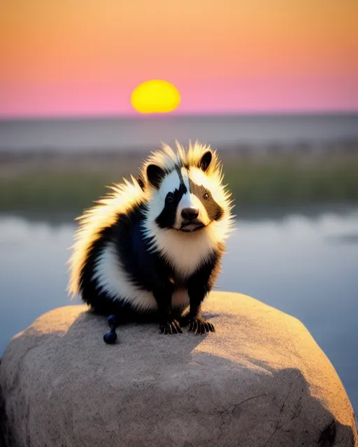 A steampunked Skunk sitting on a rock at sunset