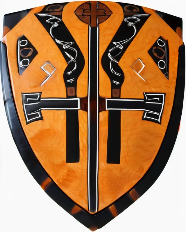 Anunakian battle shield made of orange obsidian on front a raised Ankh and black numbers 4 3 And 7 on front as well