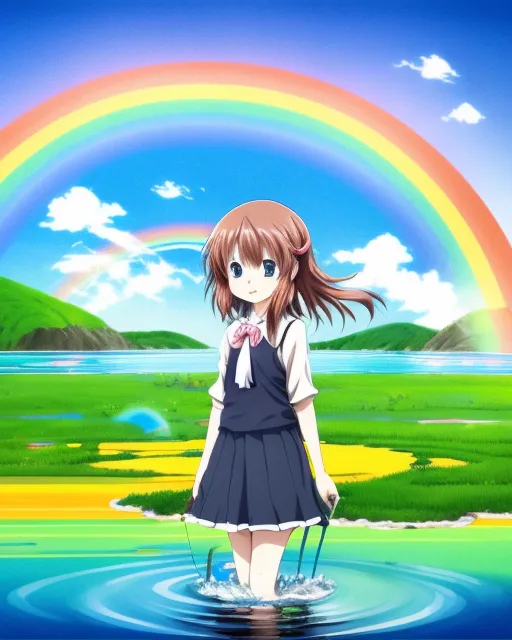 Anime girl with land with water with rainbow 