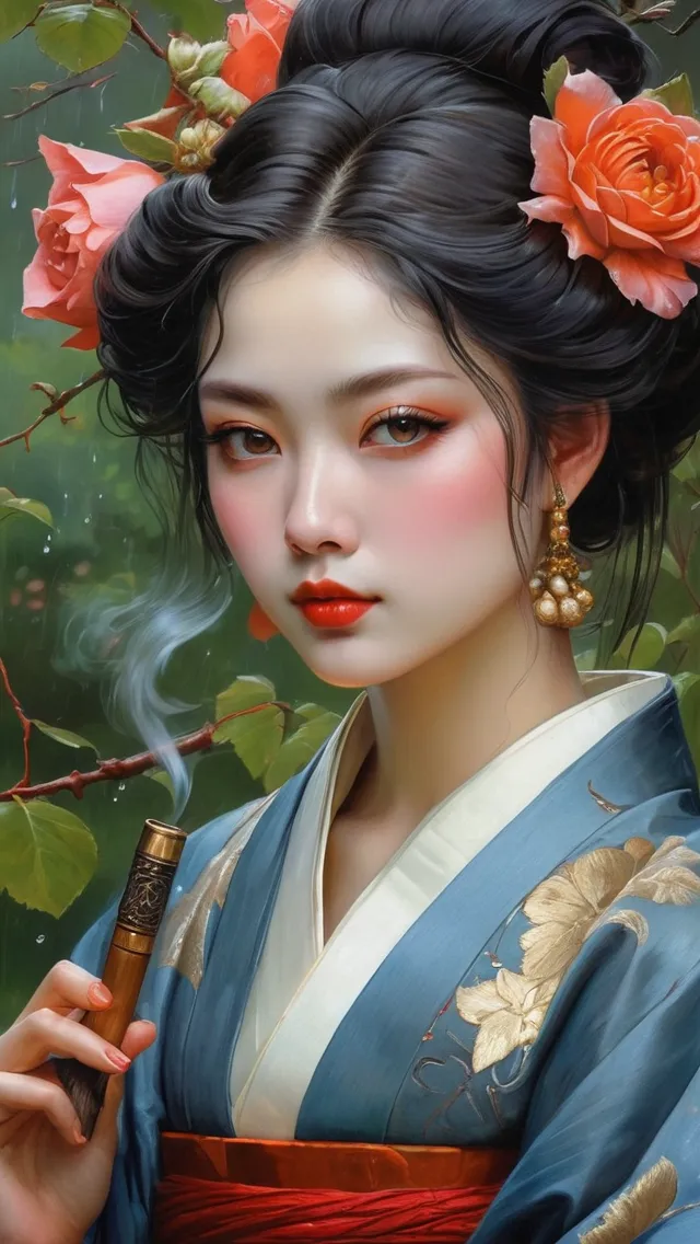 Kitsune A Kimono Smoking face, dark - - AI Photo Generator - starryai