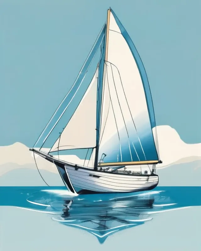 artwork, very detailed, soft and very sharp focus illustration, glass hull sailing boat, with sails created entirely from musical notes, in a calm blue sea with reflective, crystal clear waters,