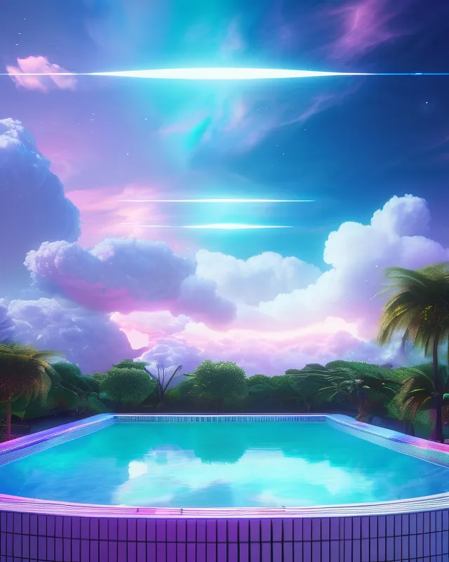 (a dreamcore liminal space swimming pool surrounded by clouds) vaporwave, realistic, surrealism, deep color, elegant, beautiful, serene, cosmic, crepuscule, space, twilight, ethereal {ultra HD, extreme detail, 8k, elements of nasa, unreal engine, behance HD, maximalism, concept art, a perfect composition} by Gabrielle Solanda