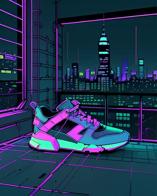 A pair of sneakers in the middle of a bedroom, view cityscape, night 