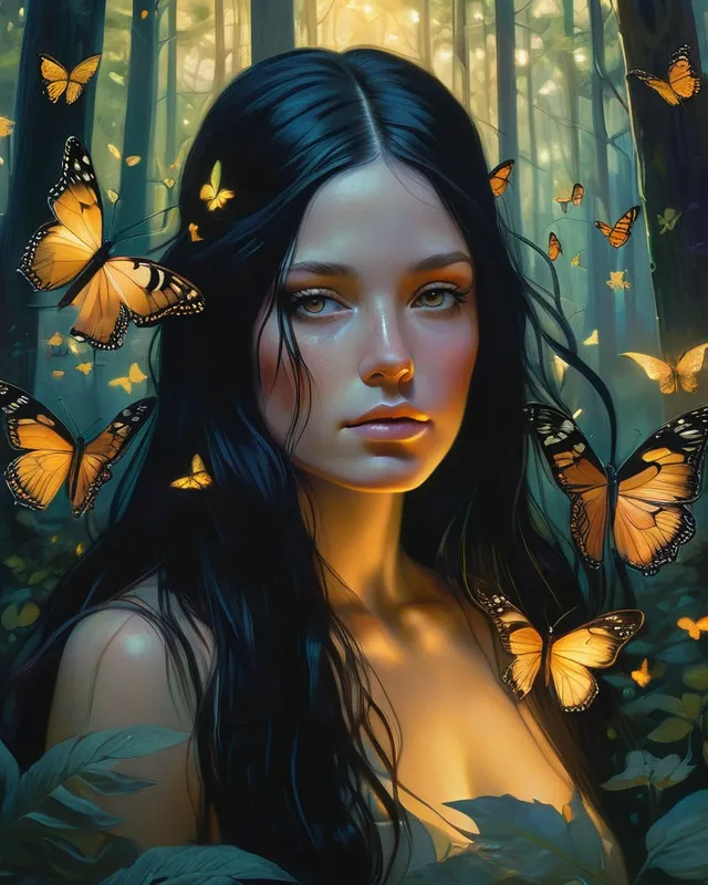 Sad beauty, fantasy, butterfly, luminos, girl, dark, rendering