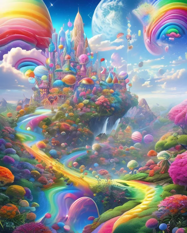 Rainbow candy land. Elaborate colors. High definition. Ultra high detail., beautiful fantasy landscape,  cosmic sky,  detailed full-color,  hd photography,  fantasy by john stephens,  galen rowell,  david muench,  james mccarthy,  hirō isono,  realistic surrealism,  elements by nasa,  magical,  alien plants,  gloss