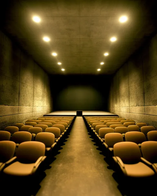 . Setting/Location:
The scene takes place in a mysterious bunker. The hallway is dimly lit by a line of lights along the ceiling. The auditorium is large, with seating for approximately two hundred people. The walls are lined with doors, and the stage is located at the bottom of the room, where the crowd has gathered.