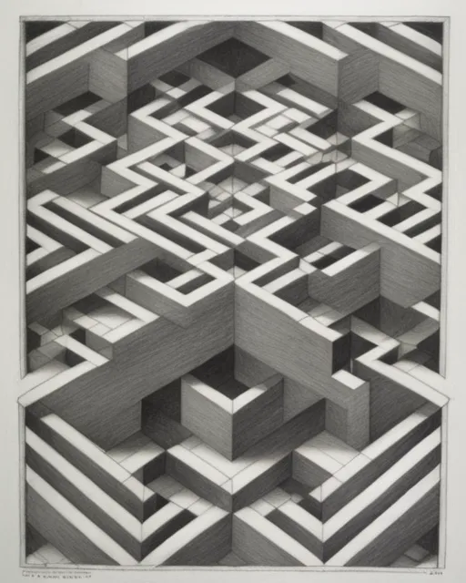 Labyrinth by C.M. Escher, geometric, complex, coloured pencil, graphite pencil drawing,  realistic,  natural,  b&w illustration,  fine art