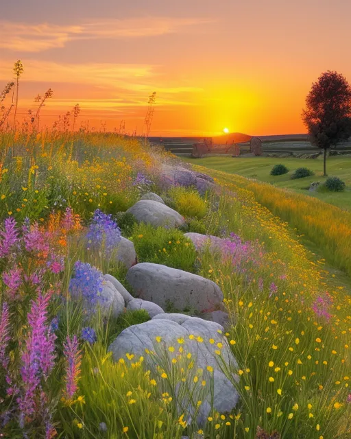 A sunset field a stone wall along - Free AI Photo Generator - starryai