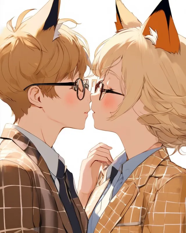 hotatenshi, 2people, kissing, closed eyes
1boy, short blonde hair, round glasses, freckles, (light brown checkered suit), fox ears, fox tail