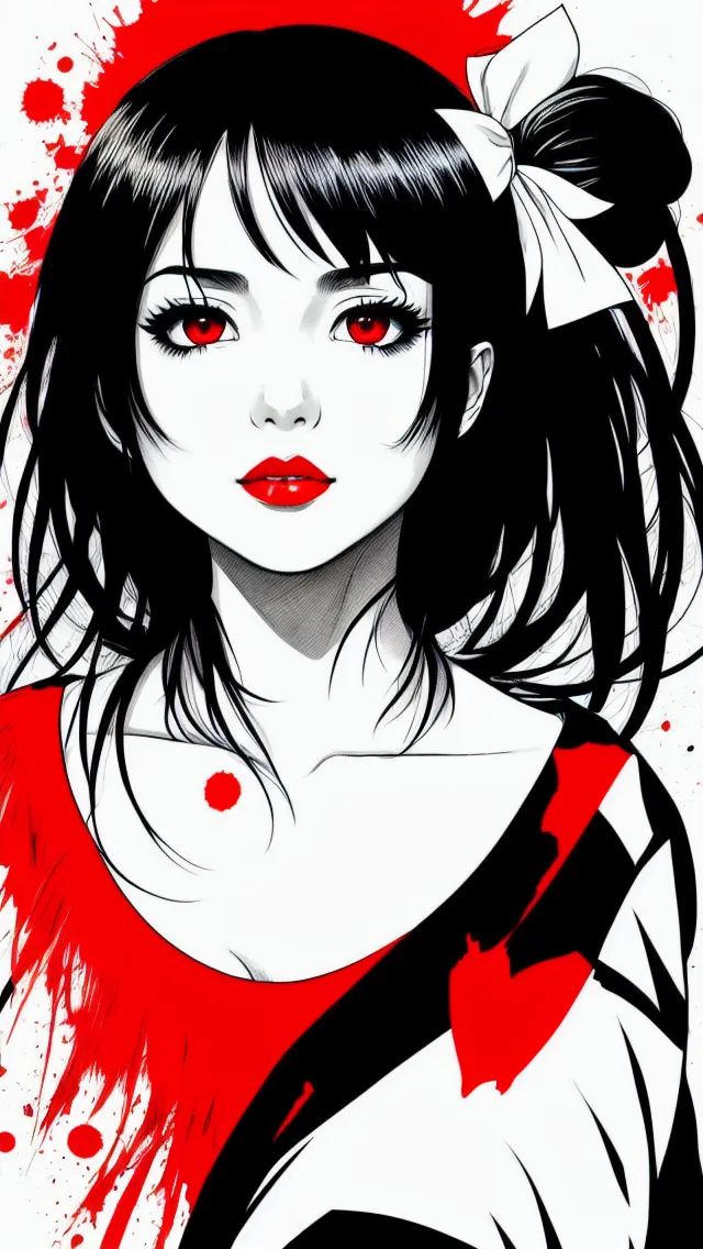 Beautiful anime girl with black hair and red eyes