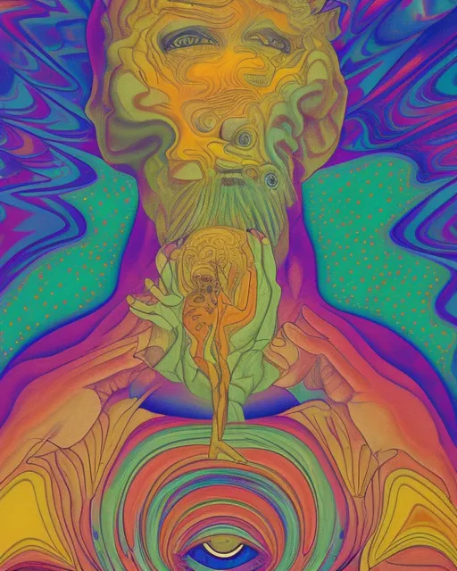 God watching creation unfold in his mind, psychedelic, fractral, trippy, realistic, man, rebirth, reincarnation, Cubism