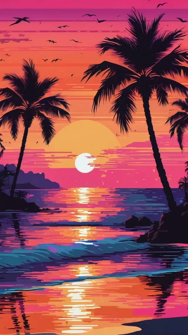 The pixelated beach scene with a vibrant orange and pink sunset, silhouetted palm trees swaying in the breeze is a beautiful and serene sight.