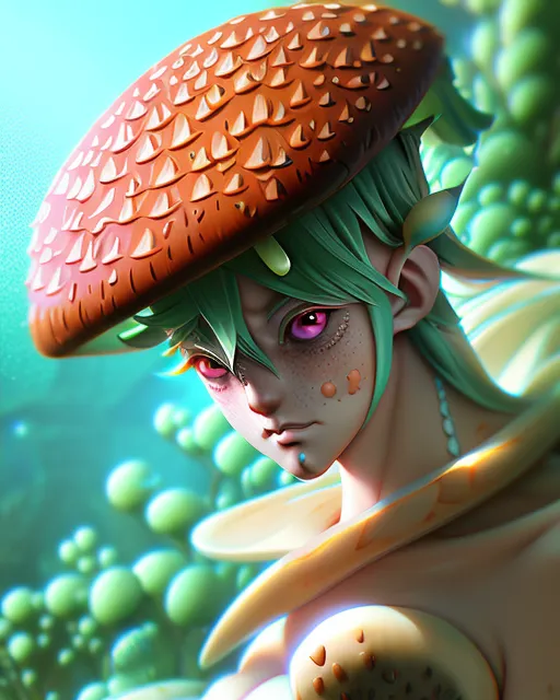 Manga girl with mushroom hat and brown hair on Craiyon