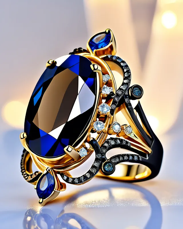 The elegant Masterpiece ring, fantasy art, black + gold metal , dimonds, sapphire 