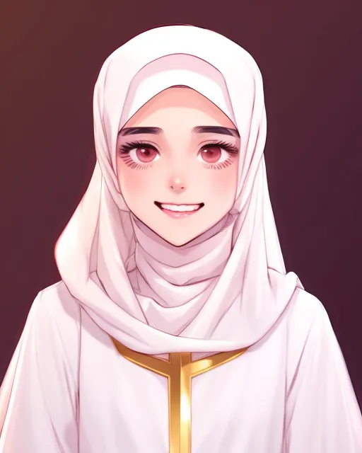 Young Muslim woman, middle-eastern, wearing modest white superhero garb, long white garb, red accents, beautiful, deep brown eyes, pink lips, hijab covering hair, smiling disposition, majestic
