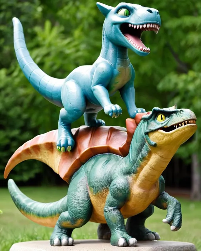 Statue of cat riding a dinosaur 