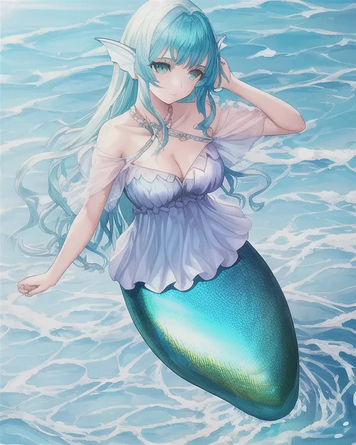 A beautiful girl, in a ocean, and  mermaid hair and clothes.