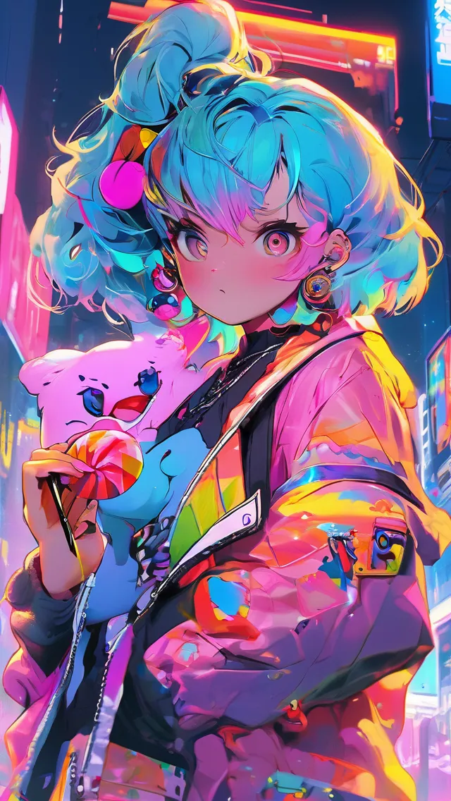 Cyberpunk anime girl, rainbow hair, licking on a lolipop, with tattoos on arms, anime character, detailed, vibrant, colorful, anime face, sharp focus, character design, wlop, artgerm, kuvshinov, character design, unreal engine, trending on artstation, futuristic, glowing neon, akihito yoshida, pixv, synthwave painting,  sunset city,  digital illustration,  extreme detail,  digital art,  4k,  ultra hd, synesthesia, takashi murakami, digital painting