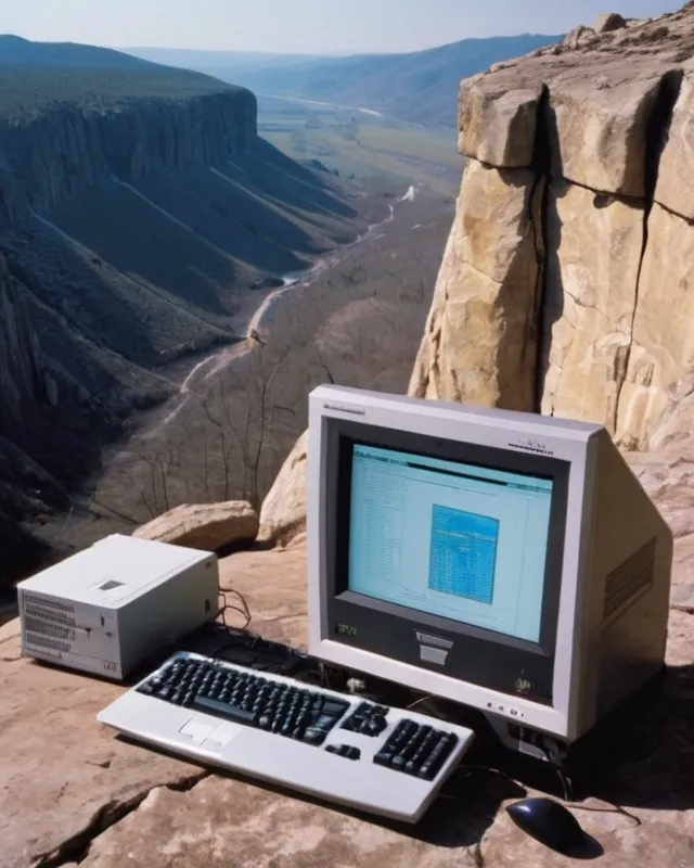 Computer system, rocky cliff, overlooking a valley