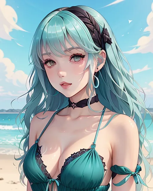 a teal hair girl, long dress, at the beach, stunning beautiful, shading, very detailed, very nice, 8k, lumidots, saturated colors