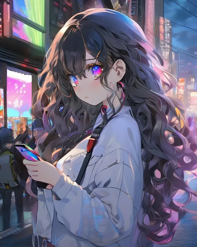 Cyberpunk Anime Girl, Rainbow Hair, - AI Photo Generator - starryai