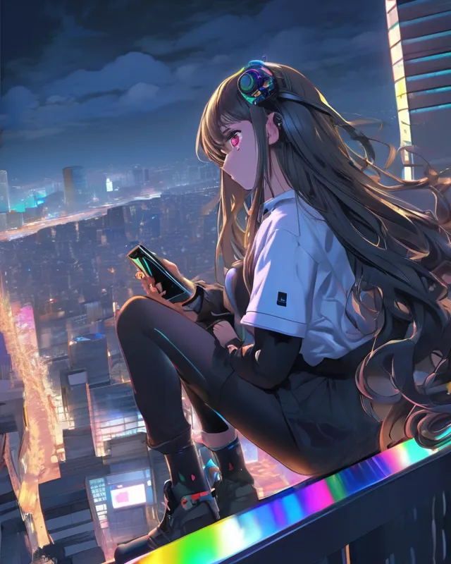 Cyberpunk anime girl, rainbow hair, on - AI Photo Generator - starryai