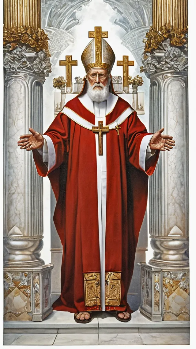 Priest, realistic professional art.
A handsome elderly man, a spiritual leader, wearing the white robes of a high-ranking priest. Sits on a throne between 2 pillars and blesses. Both hands are raised up. In one he holds a triple cross. At his feet, kneeling and facing him, there are 2 students standing in front of the throne, two crossed keys.hide detail,
intricate detail, stylized, Naoto Hattori
Hyper detailed, high quality, dramatic lighting, beautiful hd photography, detailed nature, award winning photography
