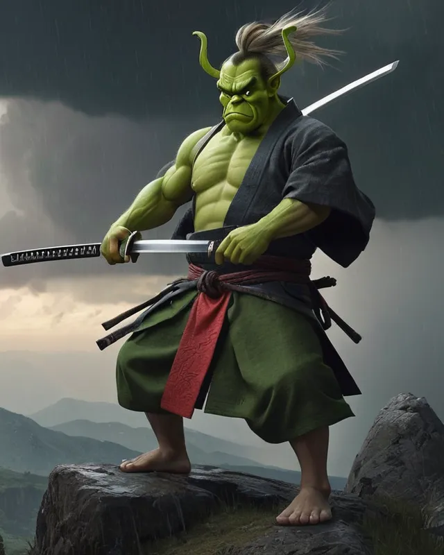 Samurai Shrek along samurai Grinch - AI Photo Generator - starryai