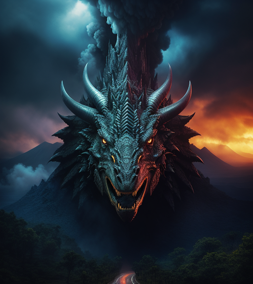 massive dragon erupting out of a volcano.meterodes falling from the sky,burnt,destroyed forest,mountains in background,massive horns,eyes slits,muscurlar legs,massive wings,roar breaks soundbarrier,realistic fantsy art,realist background,hyper detail,intricate detail,magical.