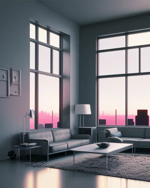 Modern large living room monotone big windows multi perspective,  futuristic,  detailed,  hyperrealism,  surrealism,  octane render,   beautiful,  tumblr aesthetic,  retro vintage style,  hd photography,  hyperrealism, synthwave painting,  sunset city,  digital illustration,  extreme detail,  digital art,  4k,  ultra hd