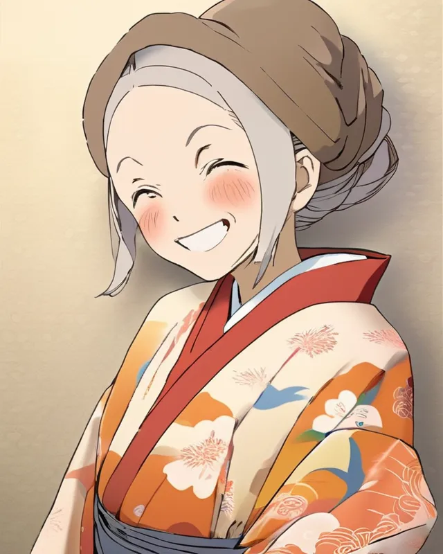 Old woman smiling, looking into your eyes , dressed in a modest kimono 