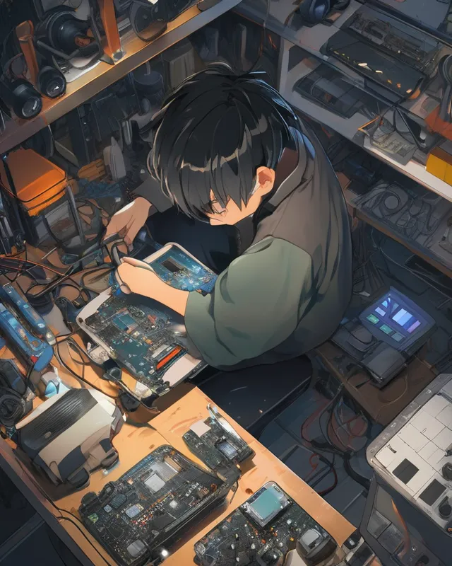 top down View Of black haired boy Working In Some Eletronics In A Workbench