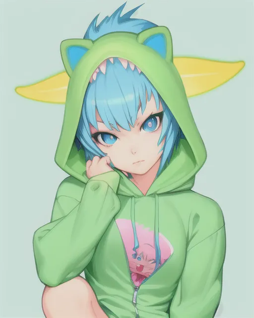 Cute attractive anime lady wearing a bright green hoodie with a cute dinosaur face on the top of the hoodie. Anime lady has icy blue hair and icy blue eyes and the hoodie is unzipped with no under shirt, anime character, kawaii, overexaggerated features, 2d animation, character design, beautiful, pixiv polycount art, deviantart, pastels, anime character,  detailed,  vibrant,  anime face,  sharp focus,  character design,  wlop,  artgerm,  kuvshinov,  character design,  unreal engine, concept art