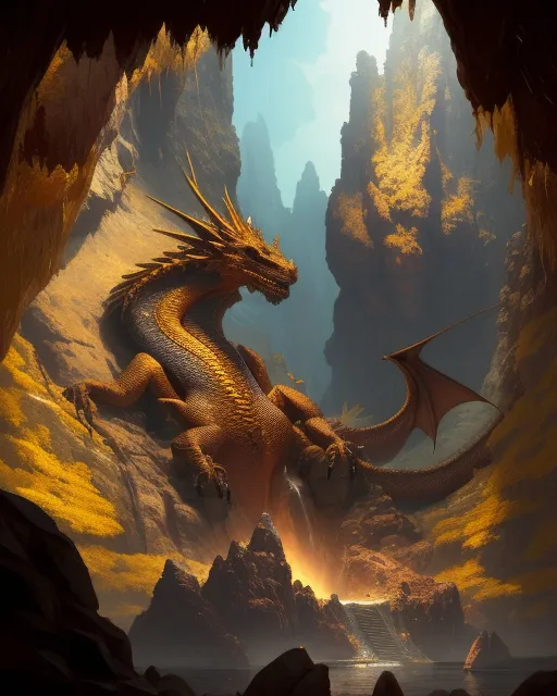 A dragon sitting a huge cave gold - Free AI Photo Generator - starryai