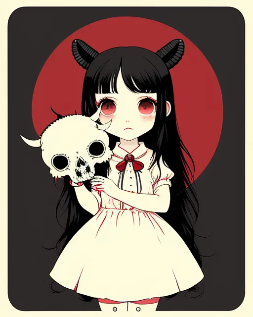 masterpiece, best quality, flat color, limited palette, low contrast,
1girl, serafuku, long straight black hair,
lycoris flower, goat skull,
(red, black) 