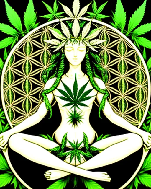 Weed Goddess and the symbol of the Flower of Life are surrounded by a lot of perfectly detailed Cannabis plants, leaves, and inflorescences